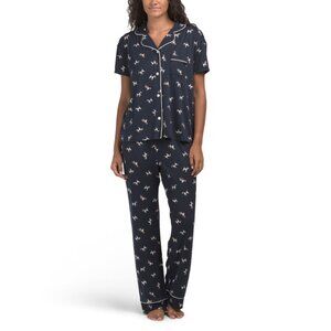 LAURA ASHLEY Navy 2pc Short Sleeve Dog Print Pajama Set